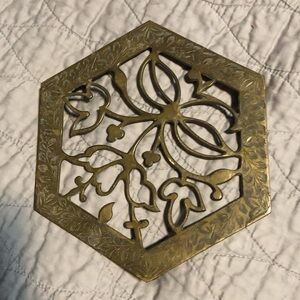 Hexagonal Brass 6” Trivet with Floral Design